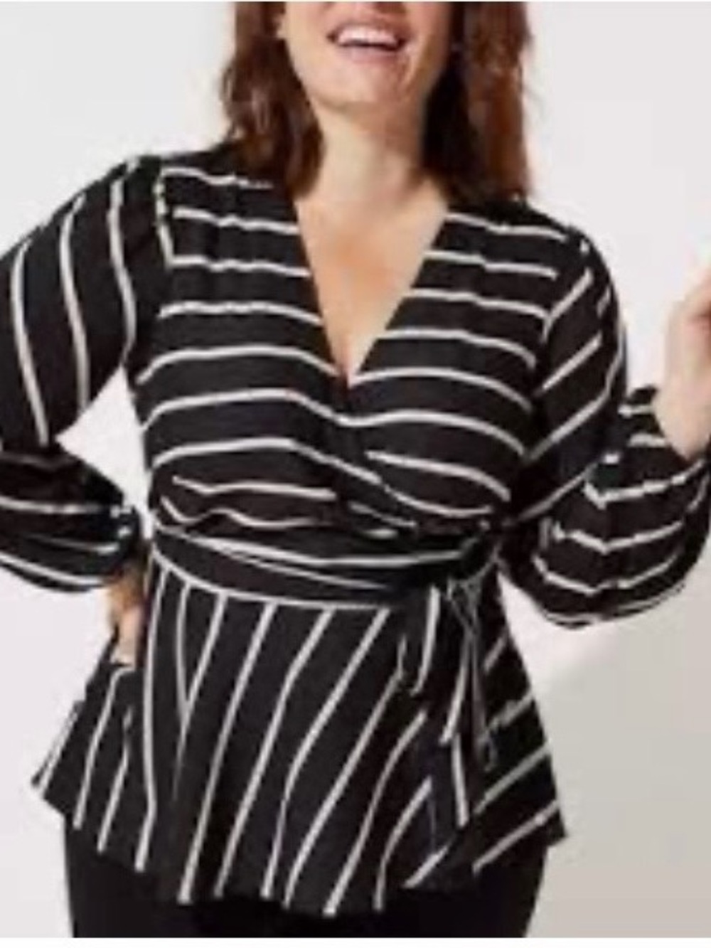LOFT Plus Black and Tan Striped Wrap Top